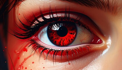 Close-up of a crimson eye, vibrant and bloodshot, exuding intensity
