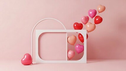 A white picture frame with pink and red balloons on a light pink background