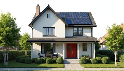 Two story suburban house features gabled roof with solar panels. Exterior view shows red doors, green lawn, manicured bushes, and trees. Clean white background isolates the property.