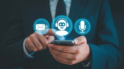 AI Assistant: A focused individual in professional attire navigates a user-friendly interface. Highlighting ease of access for customers to connect with services.