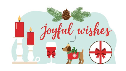 Joyful Christmas Wishes with Festive Decorations, Candles, Wine, and a Cute Dog