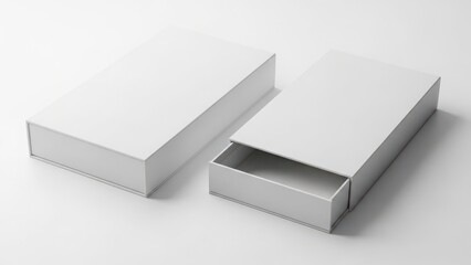 Fototapeta premium Two White Rectangular Boxes, One Open Slightly, on White Background