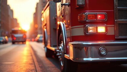 Red fire truck drives on city street at sunset. Emergency vehicle lights glow warm orange in urban background. Pro firefighters respond to emergencies with speed and urgency.