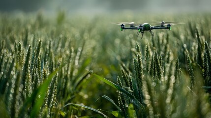 Close up of green wheat under drone oversight  precision agriculture in soft morning light