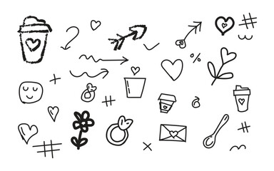 A collection of cute doodles and symbols on a white background