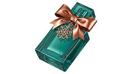 Luxury turquoise perfume bottle with bronze bow and snowflake charm as Christmas gift Isolated on Transparent Background