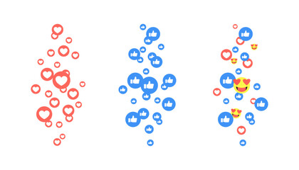 Likes to fly up for stories and live broadcasts. Blue, red bubble with a thumbs up on social media. Set of social media reaction icons - floating hearts, thumbs up. 