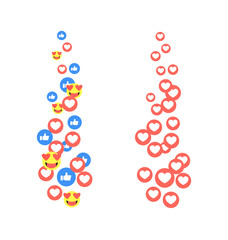 Flying red hearts, blue like and loving faces isolated on white background. A stream of symbols that gradually disappears. The concept of social networks and live broadcasts