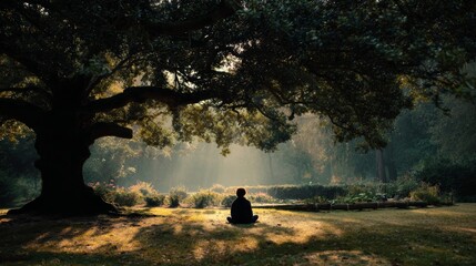 Emotional healing  a meditative soul beneath a tree in a serene park with cinematic lighting