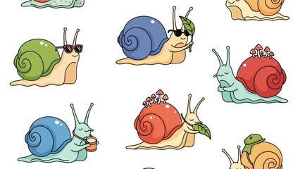 Cute Cartoon Snails with Shells and Accessories in a Repeating Pattern © Ismed