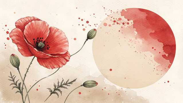 Red Poppy Circular Accent watercolor minimalist abstract design in Red Poppy (17-1664 TCX) symbolizing determination and national pride with copy space
