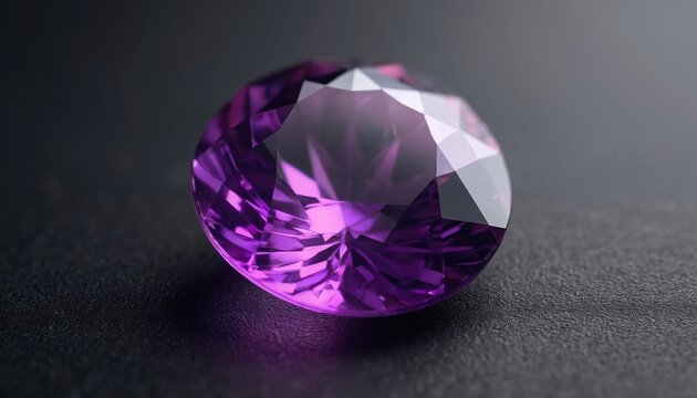 Round faceted amethyst gem, deep purple color, brilliant shine, set against dark matte background. Luxury precious stone for jewelry or spiritual use.