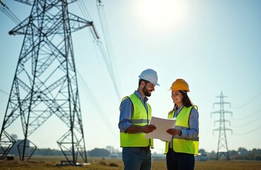 Two engineers in safety vests, hard hats review blueprints near high voltage power lines. Discuss project plans for electrical infrastructure development, grid modernization, ensuring energy supply