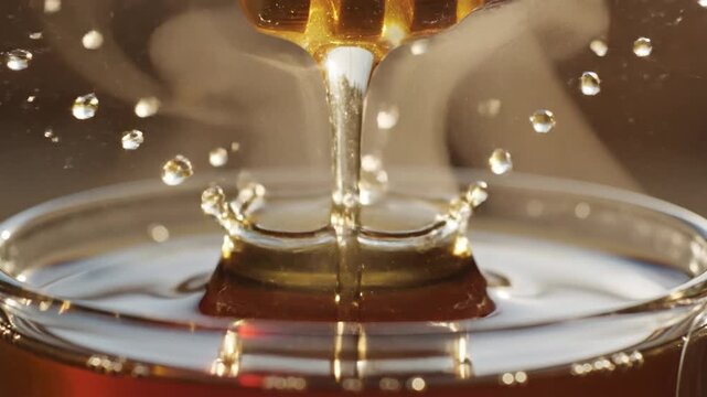Steaming Hot Golden Honey Pours into a Glass Bowl Macro Shot.