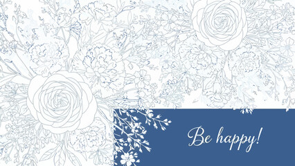 Elegant Blue Floral Art with "Be happy!" Text and White Background