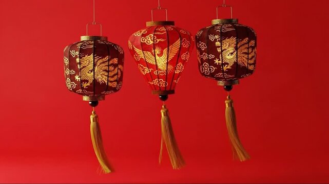 Vibrant red hanging Chinese lanterns with intricate gold patterns emphasizing festive cultural