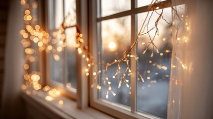 Naklejka premium Warm string lights illuminate a windowpane against a soft outdoor winter backdrop