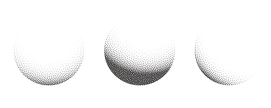 Three Halftone Spheres with Gradient Dot Density on White Background