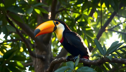 Fototapeta premium Toucan perched on a tree branch in a natural outdoor environment, showing colorful beak and feathers, suitable for exotic wildlife, tropical nature, and animal photography