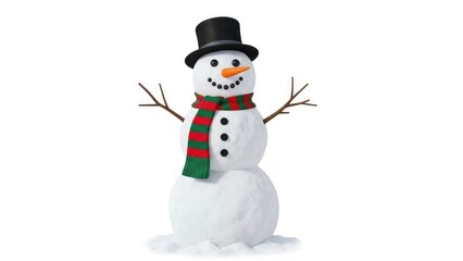 A cheerful snowman with a black top hat, carrot nose, and striped scarf stands on a pile of snow against a white background. Perfect for winter holi...