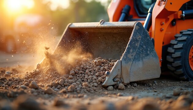 Orange skid steer loader digs earth and rocks with its bucket. Construction machine moves dirt on site. Dust flies as heavy equipment works.