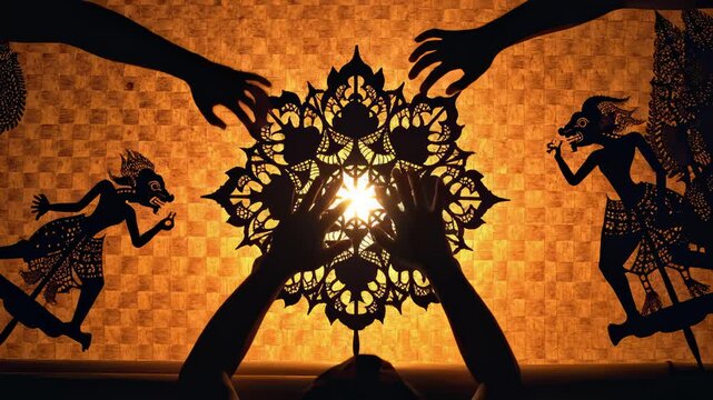Hands Manipulating Wayang Kulit Puppets in Shadow Play Performance