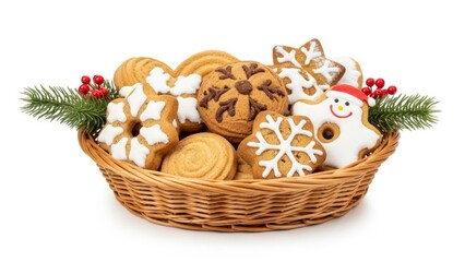 Assorted homemade Christmas cookies, including gingerbread, snowflakes, stars, and a snowman, presented in a festive wicker basket with evergreen an...