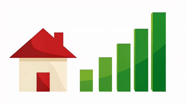 Real estate market data visualization with house icon and animated green bar graph