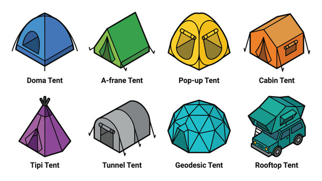 Types of Tents: Doma, A-frame, Pop-up, Cabin, Tipi, Tunnel, Geodesic, and Rooftop Tent illustrations