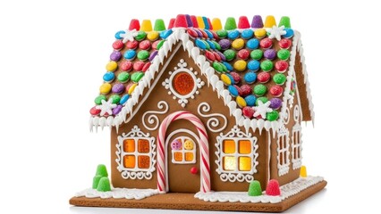 A whimsical gingerbread house adorned with colorful candies and white icing, isolated on a white background. Perfect for holiday themes.