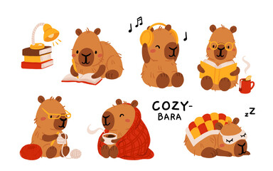 Cozy Capybara Hygge Set with Coffee, Books, Knitting and Relaxing Home Activities, Cute Flat Vector Cartoon Stickers Collection