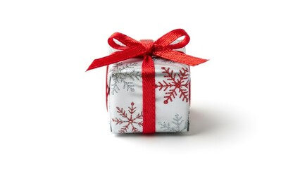 Obraz premium A festive silver gift box with red snowflake patterns and a vibrant red ribbon bow, isolated on a white background. Perfect for holidays.