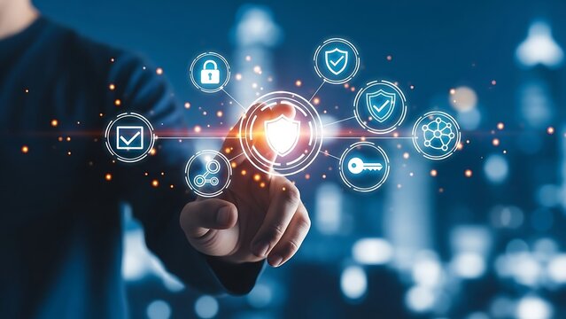 Person interacting with futuristic digital icons in a cityscape - Powered by Adobe