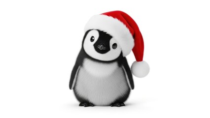 Fototapeta premium Adorable 3D rendered baby penguin wearing a festive red Santa hat, standing on a clean white background. Perfect for holiday themes.