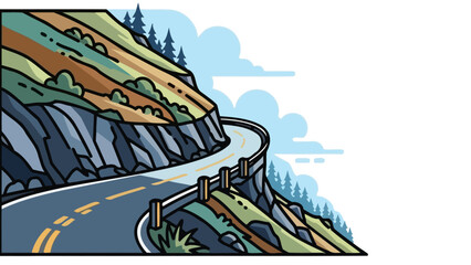 Stylized Winding Mountain Road Carving Through Scenic Landscape with Trees