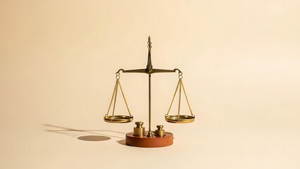 A bronze balance scale with golden pans on a wooden base