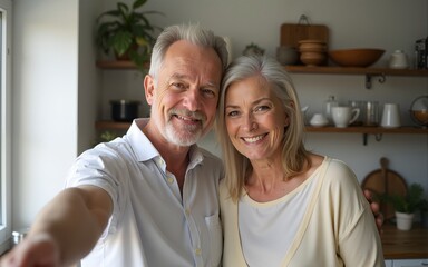 Positive senior people taking selfie together, kitchen interior. High quality