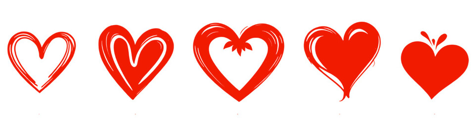 Set of red hand drawn heart shapes representing love romance and Valentine&rsquo;s Day isolated on white background artistic brush style illustration.