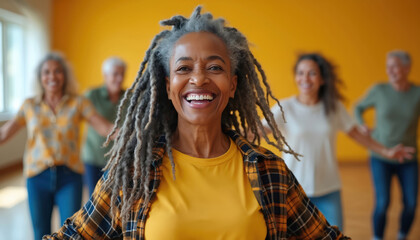 Elderly Black woman with grey dreadlocks leads seniors in energetic dance class. Diverse group smiles, moves together in bright studio with yellow walls. Fun activity promotes wellness and community.