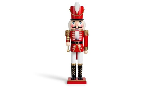 Classic wooden nutcracker soldier in a red uniform, standing upright on a white background. A festive symbol of Christmas and holiday traditions.