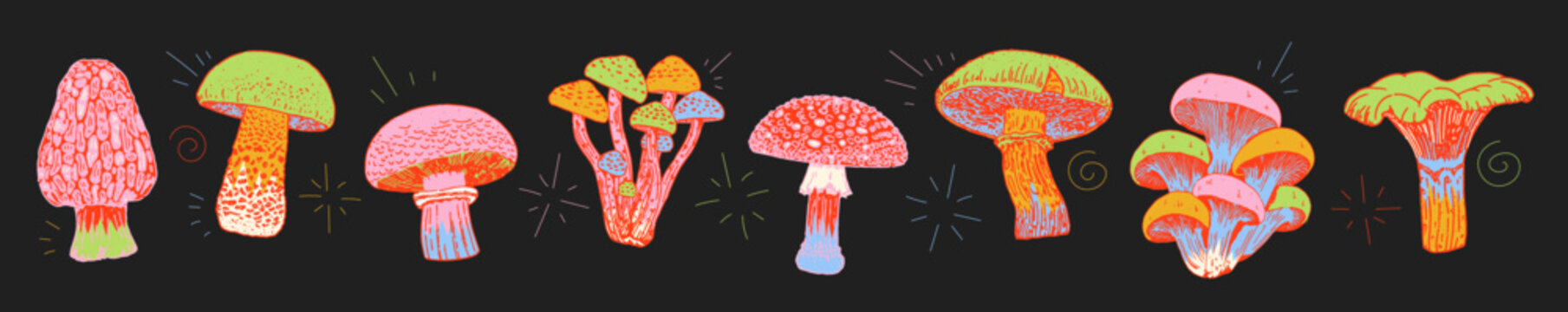 Colorful stylized mushrooms vector set in hand drawn textured style. Perfect for creating seamless patterns, t-shirt prints, stickers, packaging design, autumn banners, and social media graphics.