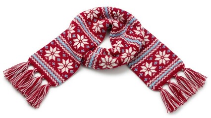 A cozy red knitted scarf with a festive white and blue snowflake pattern and tassels, perfect for winter and holiday fashion.