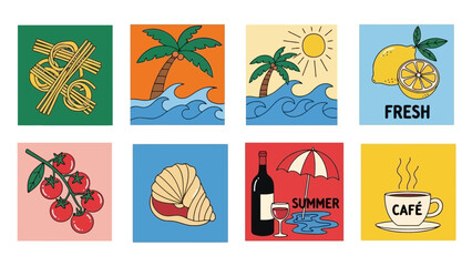 Fototapeta premium Set of Eight Flat Vector Illustrations: Food, Summer, and Travel Themes