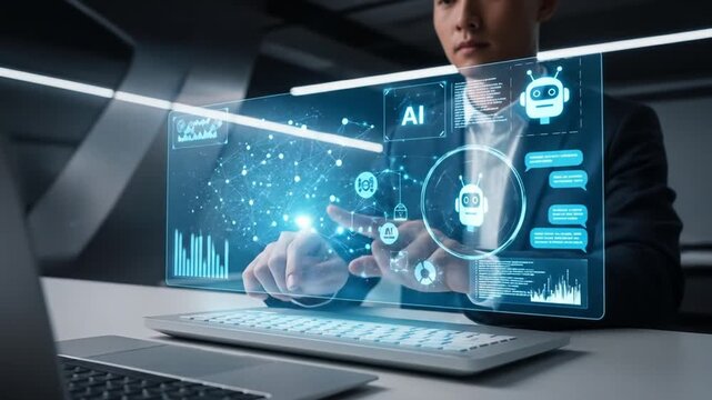 Person interacts with a holographic AI display, data, and chatbot in a modern office