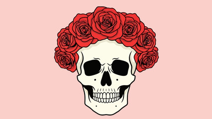 Stylized Skull with Red Rose Flower Crown Against a Pale Pink Background