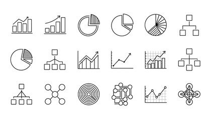 Collection of minimalist black outline icons representing data analysis charts organizational structures and technological concepts for presentations