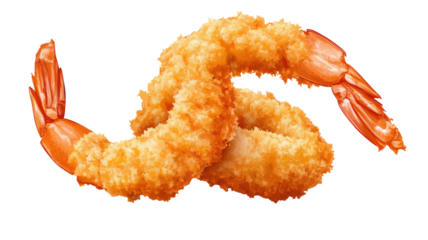 Breaded fried shrimp crispy golden seafood bites crunchy coating hot cooked appetizer studio food photography isolated on white background
