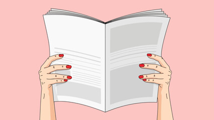 Woman's Hands Holding Open Magazine or Newspaper with Blank Pages, Pink Background