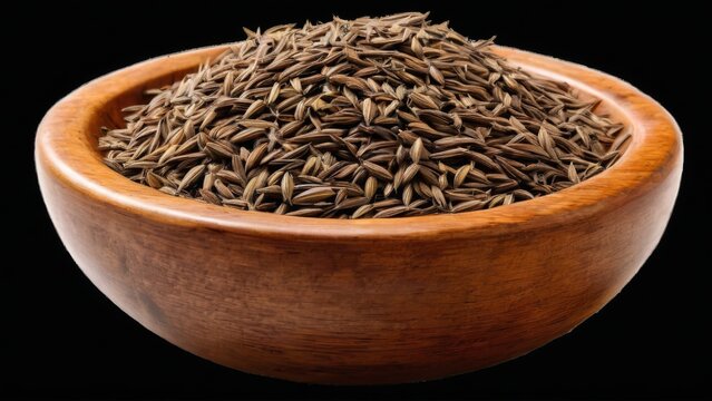 Wooden bowl filled with cumin seeds on black background, rustic and natural appearance, lightcolored wood with smooth finish.