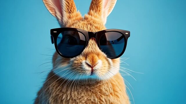 A cool rabbit wearing sunglasses against a blue background. Funny and stylish fluffy bunny portrait with a slow zoom in. Easter holiday and humor concept